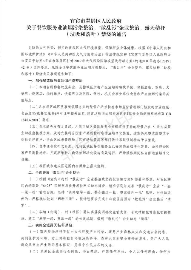 宜賓市翠屏區人民政府關于餐飲服務業油煙污染治理、“散亂污”企業整治、露天秸稈（垃圾和落葉）禁燒的通告 